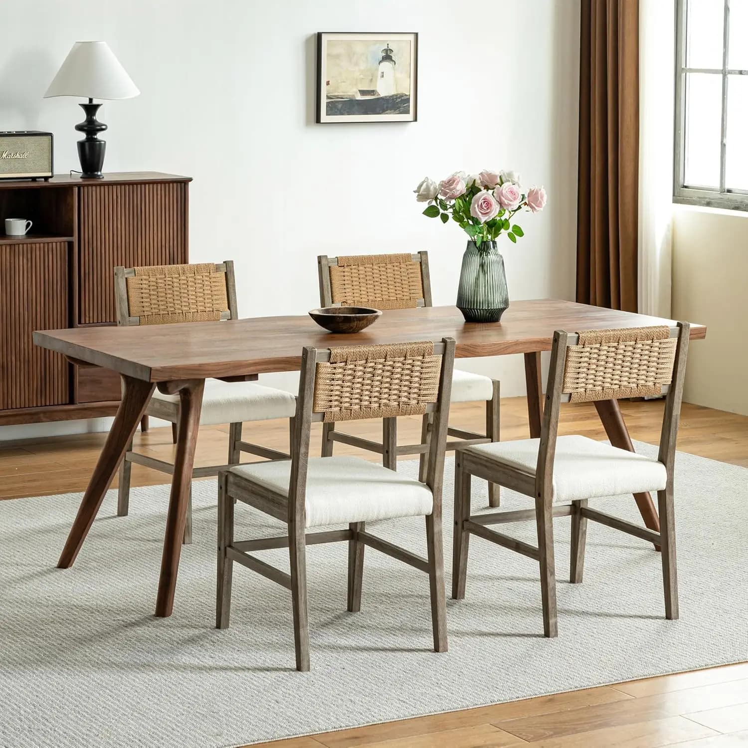 Set di 4 Sedie da Pranzo in Legno, Sedie Moderne Stile Mid-Century con Schienale Intrecciato, Telaio in Legno Massello e Cuscino, Personalizzabili