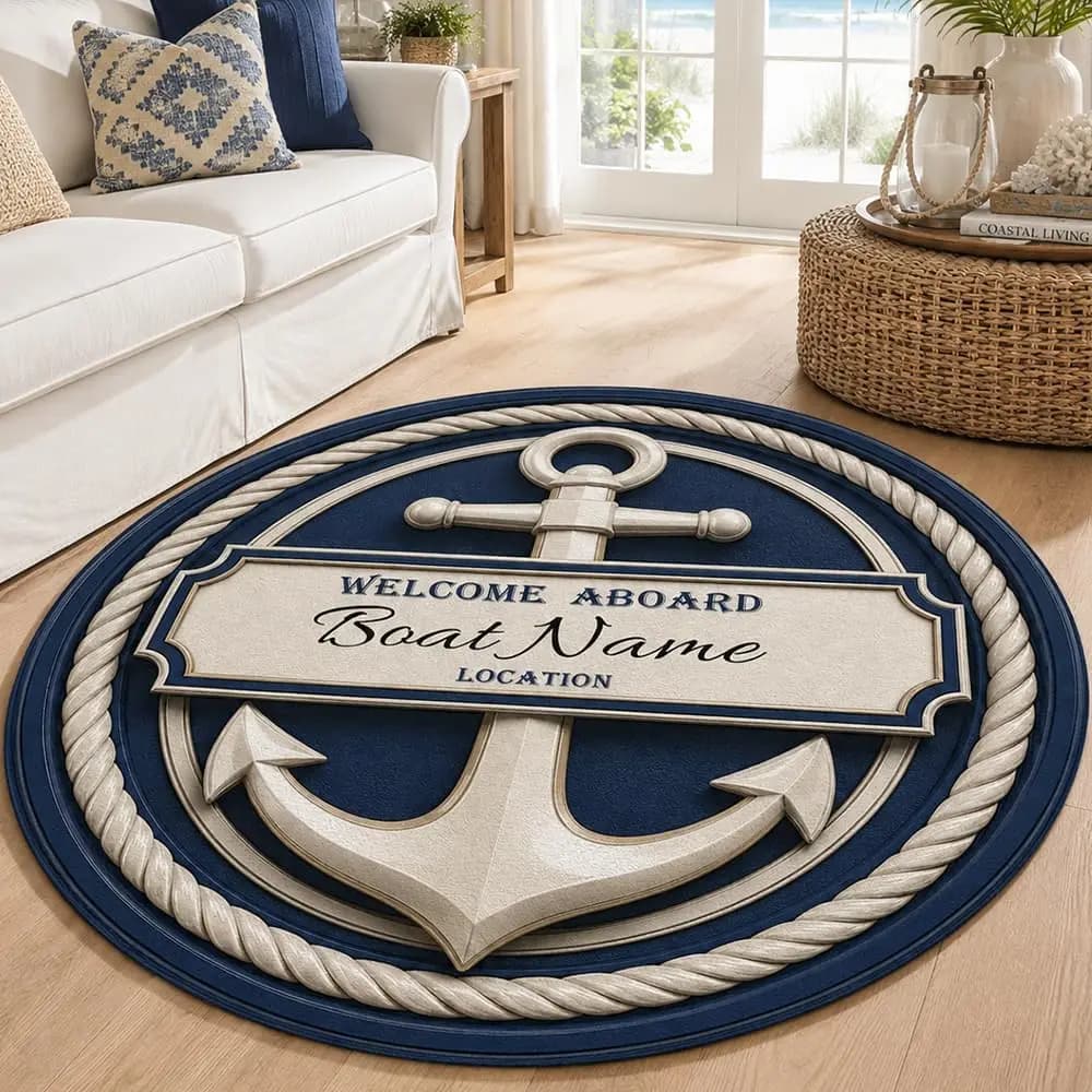 Decorative Nautical Welcome Aboard Coastal Boat Anchor Doormat Polyester Mat Indoor Outdoor Front Entry Rug