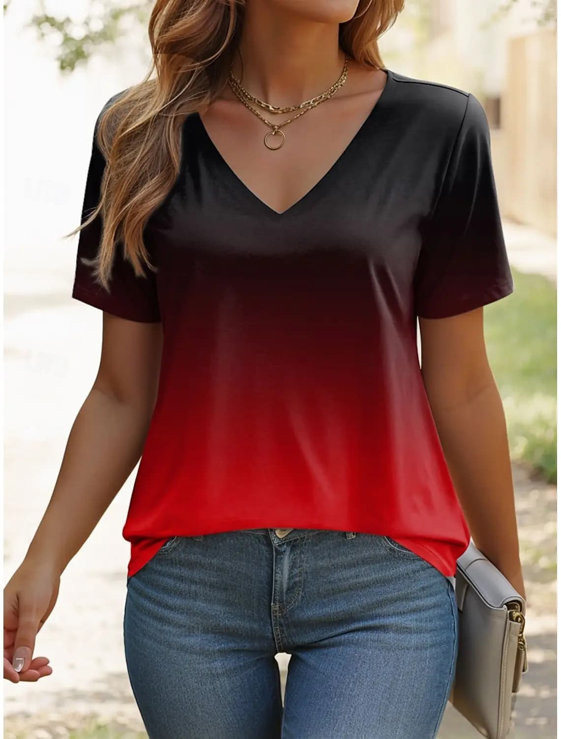 T-shirt da donna Ombre grafica elegante casual manica corta scollo a V top regolari stampa quotidiana estate sfumata moda donna magliette