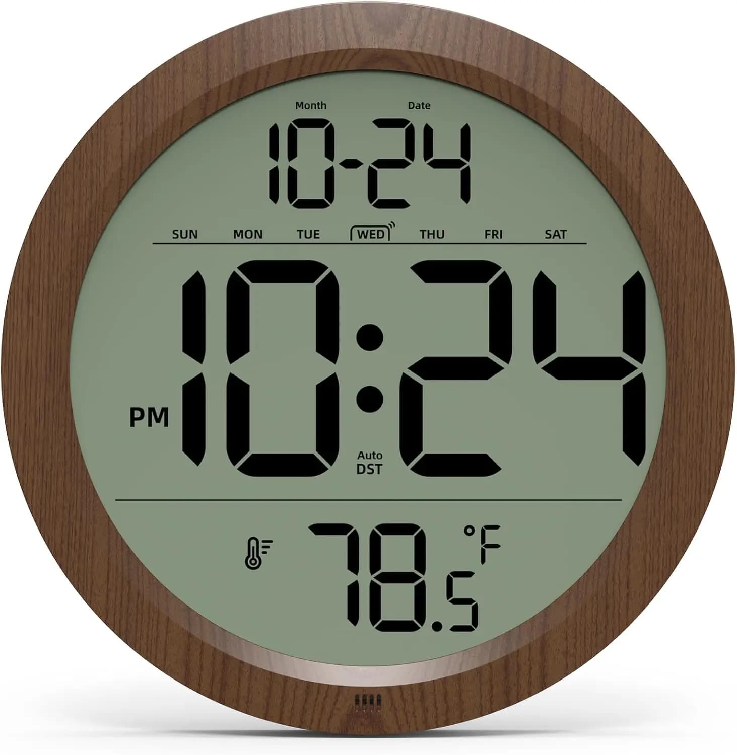 Digital Wall Clock with Data, Internal Temperature, Automatic DST, Battery Function, 8 Inch, Small Decorative Wooden Watch