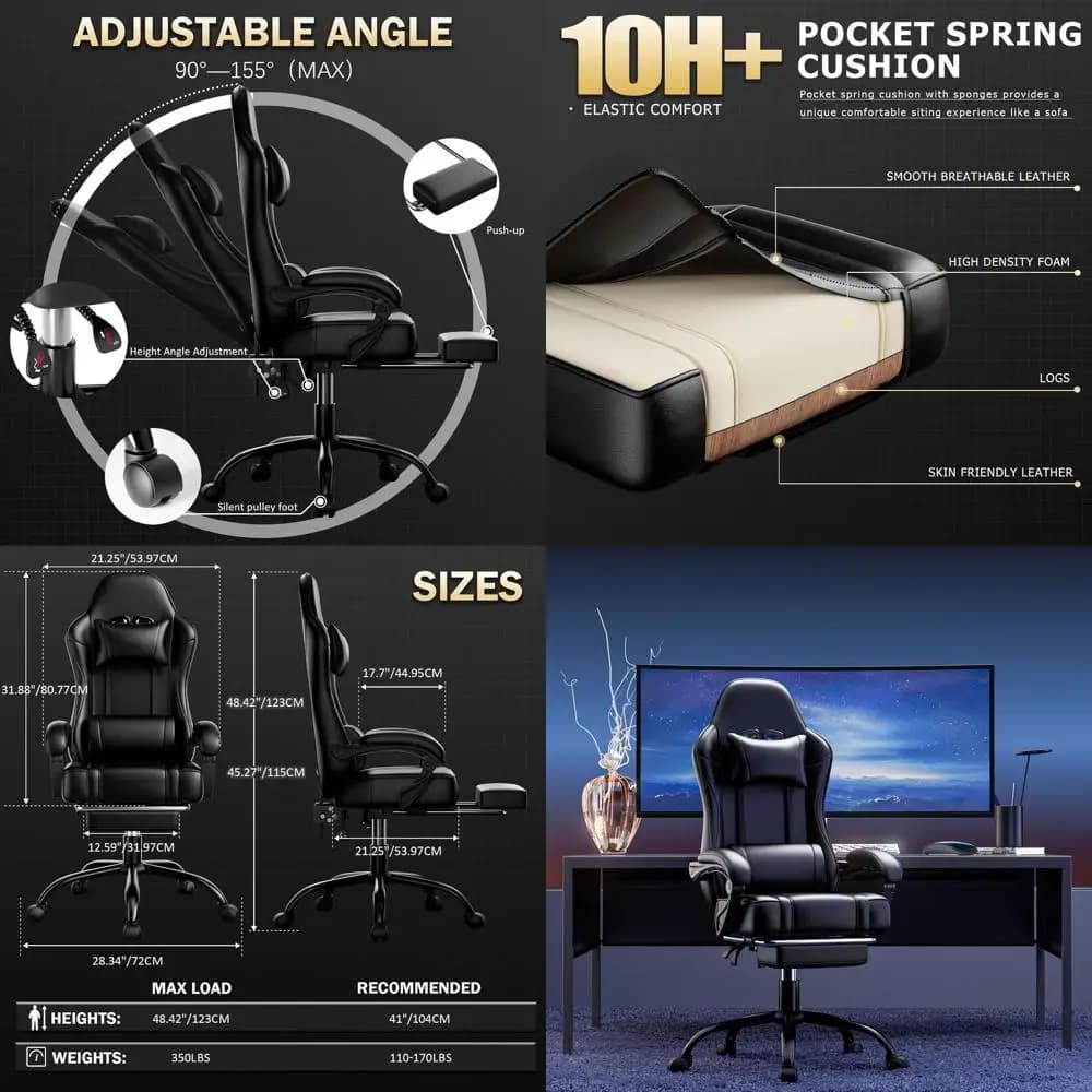 Sedia da gaming ergonomica con cuscino pneumatico e poggiapiedi, sedile girevole regolabile in altezza, ecopelle, nero