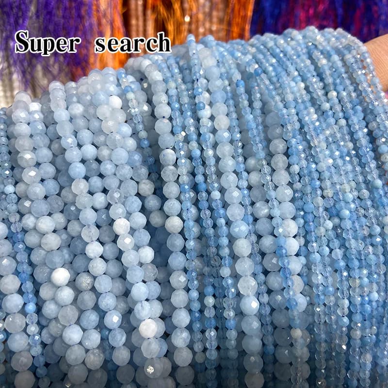 Natural 2/3/4mm Aquamarine Faceted Shinny Round Stone Loose Beads For Jewelry Making DIY Bracelets Necklace Strand Woman Gift