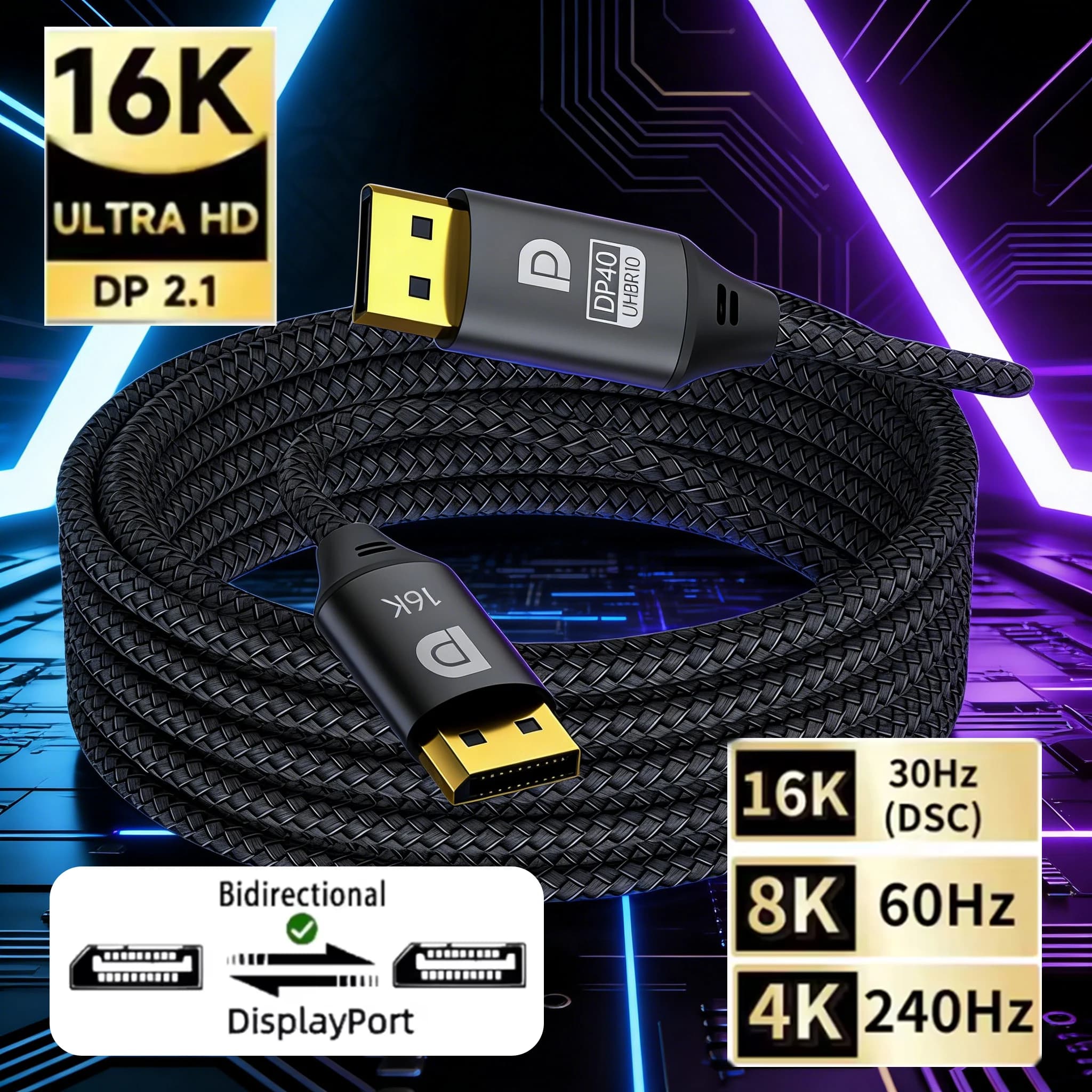 Cavo Displayport 2.1 16K DP 8K@120Hz/60Hz 4K@240Hz 80Gbps Cavo audio video HDR per laptop Proiettore Xbox Monitor da gioco