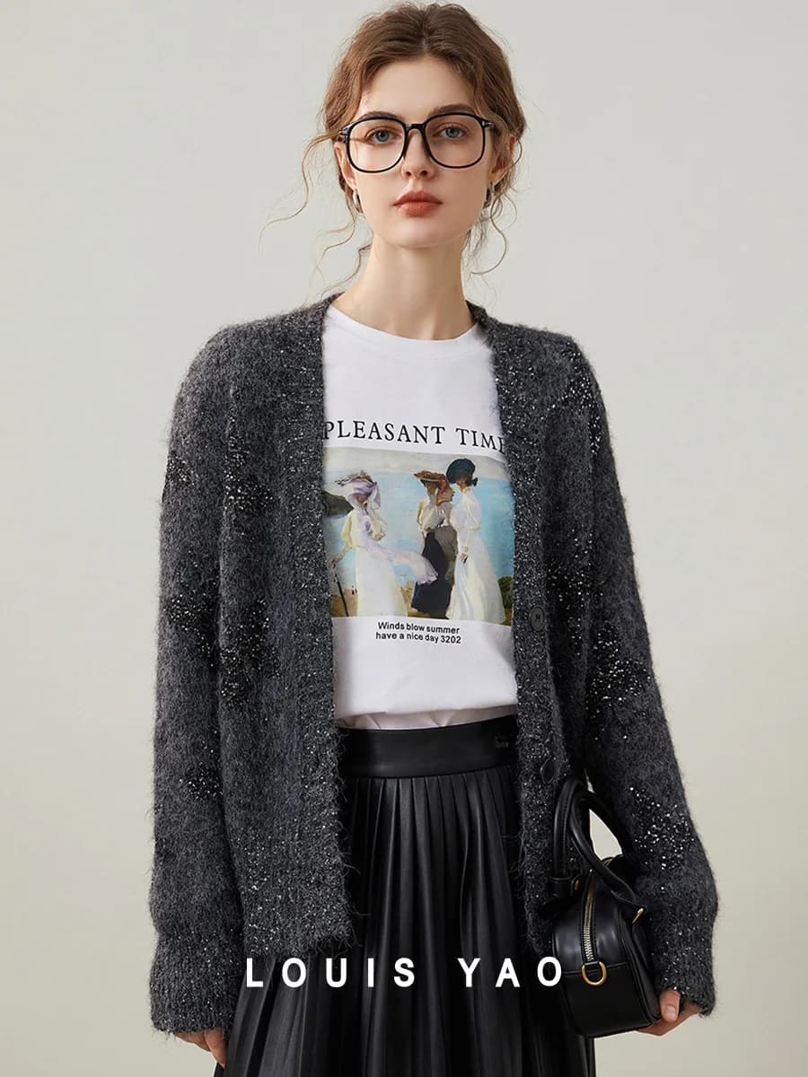 LOUIS YAO 2024 Inverno Brillante Filato di Seta Cardigan con Scollo a V Alla Moda Riduzione Dell'invecchiamento Manica Lunga Giacca a Maglia Spessa da Donna