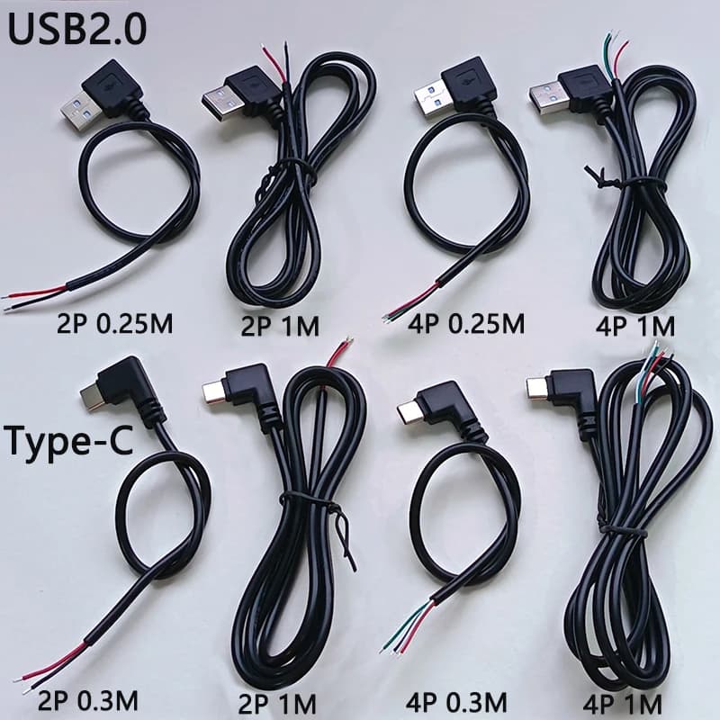 1PC Right Angle USB 2.0 / Type-C Male Bare Wire Power Cable 2P 4P 0.25M/0.3M/1M Open End DIY Charging Data Cable for LED/Project
