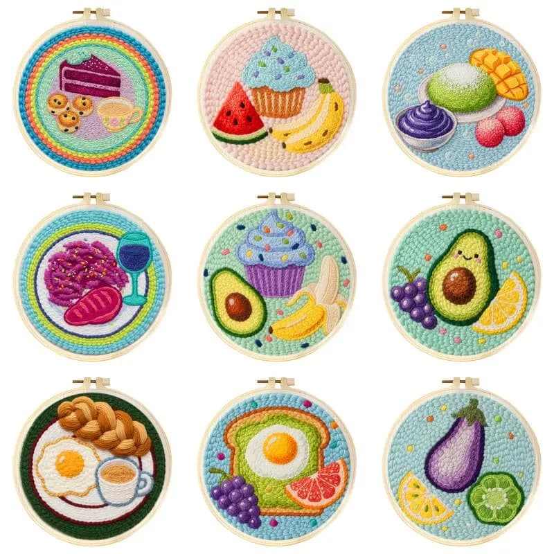 Punch Needle Kits For Beginners Cute Fruit Dessert Easy Punch Needle Embroidery Set With Hoop Cupcake Pattern Craft Home Decor