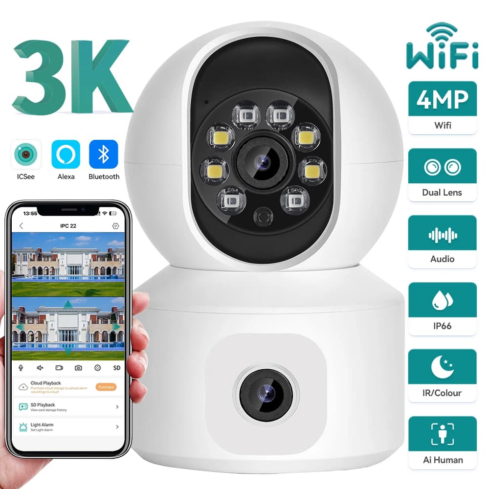 Telecamera WiFi a Doppia Lente 4MP, Monitor per Bambini con Doppio Schermo, Tracciamento Automatico, Visione Notturna, Telecamera IP di Sorveglianza PTZ Mini per Interni