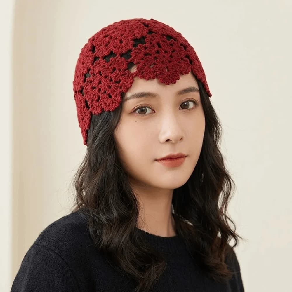 Cappello in Stile Etnico con Fiori all'Uncinetto, Berretto Lavorato a Mano con Motivi Traforati, Cappello Traspirante per Ragazze