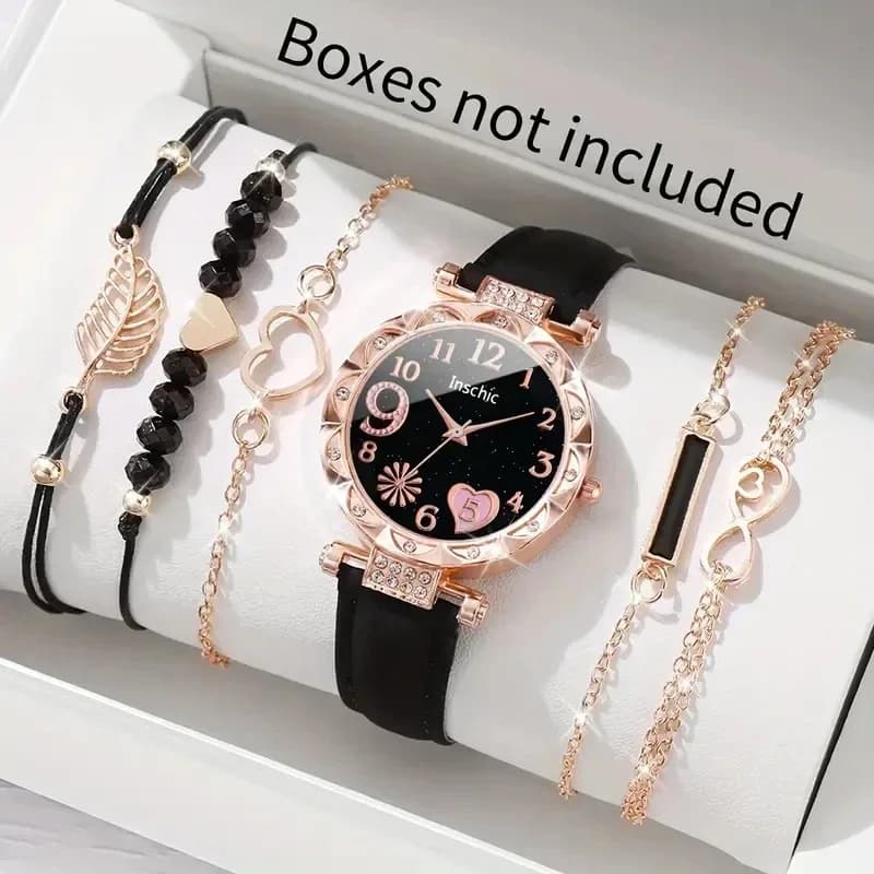 6 pcs/set women's watch quartz watch with nice heart dial analog wrist watch with glossy rhinestone gift for mom (no box)