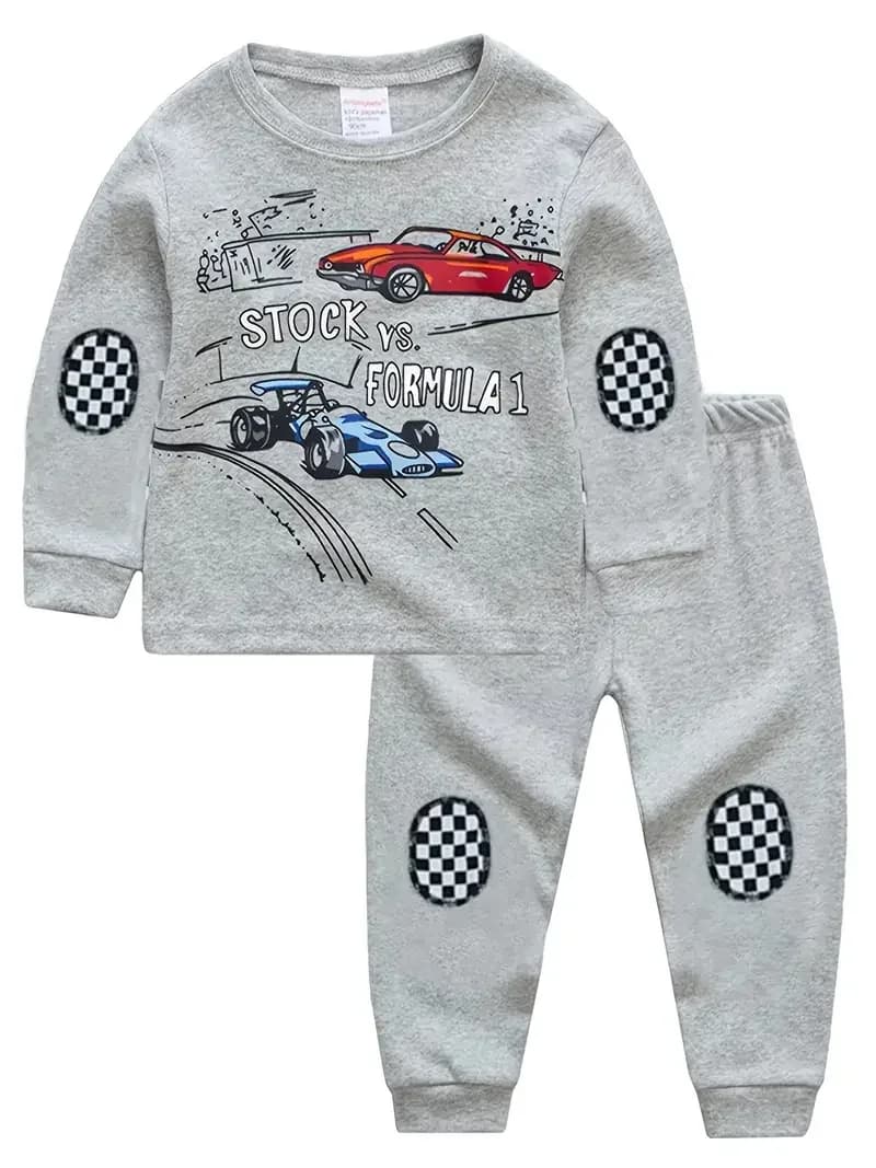 Pigiama per bambini e ragazzi, set di top e pantaloni a maniche lunghe con stampa di auto dei cartoni animati, cuciture scozzesi