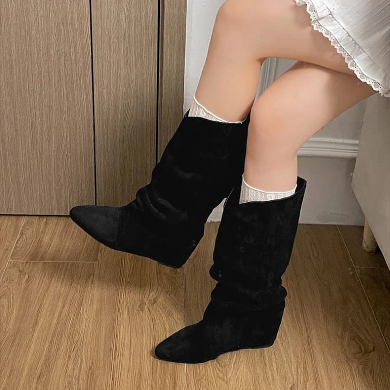 Women Vintage Pleated Tall Boots Modern Slip On Pointed Toe Built In Height Increasing Insole Warm Winter Designer Botas Shoes