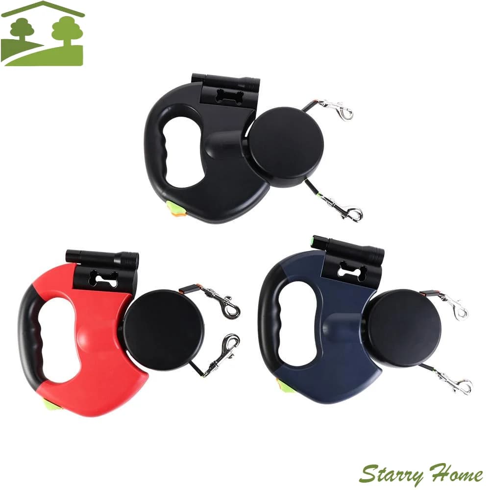 Guinzaglio Doppio per Cani con Luci, Regolabile, Riflettente, Retrattile, Rotazione a 360°, 3m