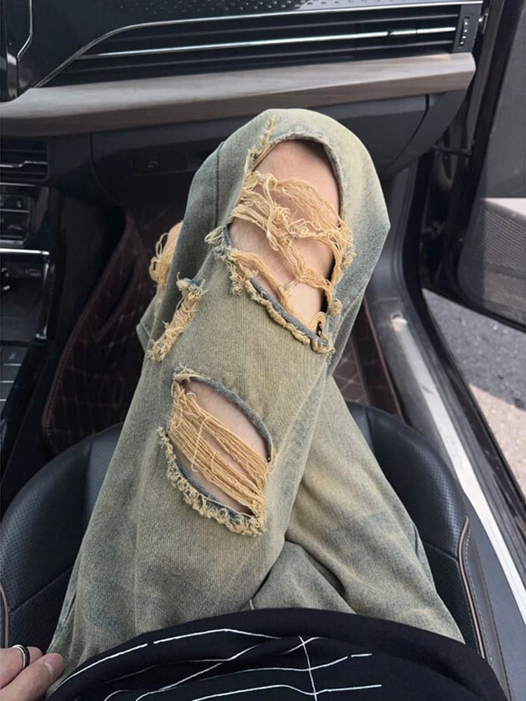 Retro American Men's Denim Jeans Knee-Hole Worn-Out Washed out Cleanfit Flared Poor Devil Pants Casual Straight Leg Jeans
