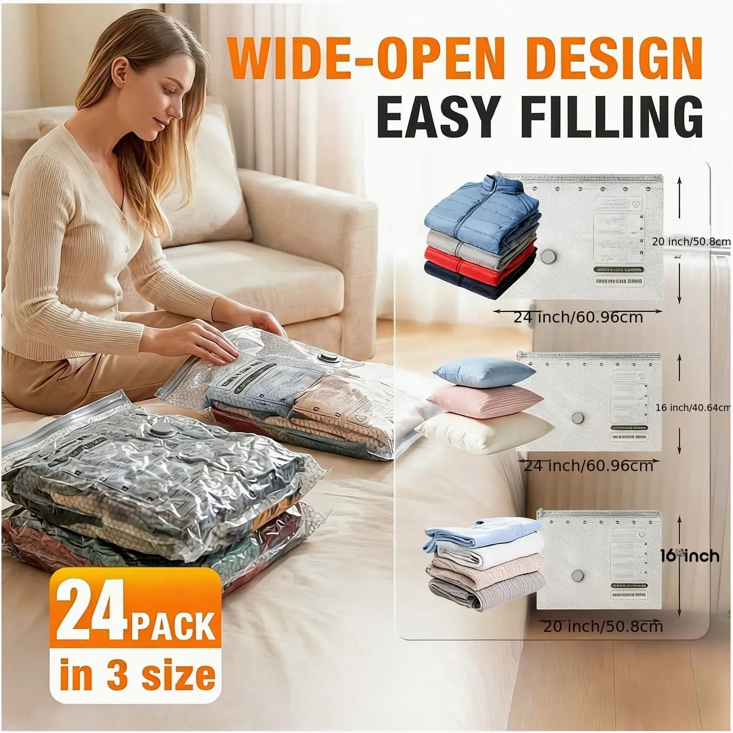 24-Piece Travel Vacuum Compression Bags with Hand Pump – Space-Saving Storage Pouches for Clothes, Underwear, Socks, Towels; Ide