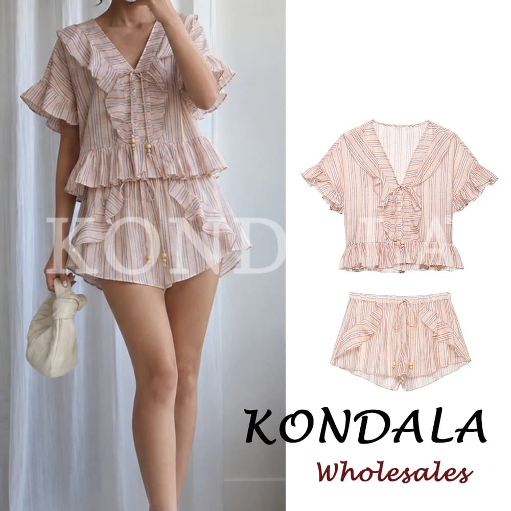 KONDALA Casual Striped Summer Woman Suits Lace-up V-Neck Shirt+ Drawstring Lace Shorts Fashion 2026 Female Elegant Tiered Sets