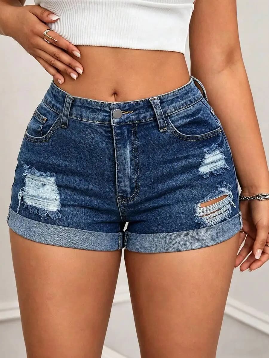 Womens Distressed Denim Shorts With Rolled Cuffs And Drawstring Waist