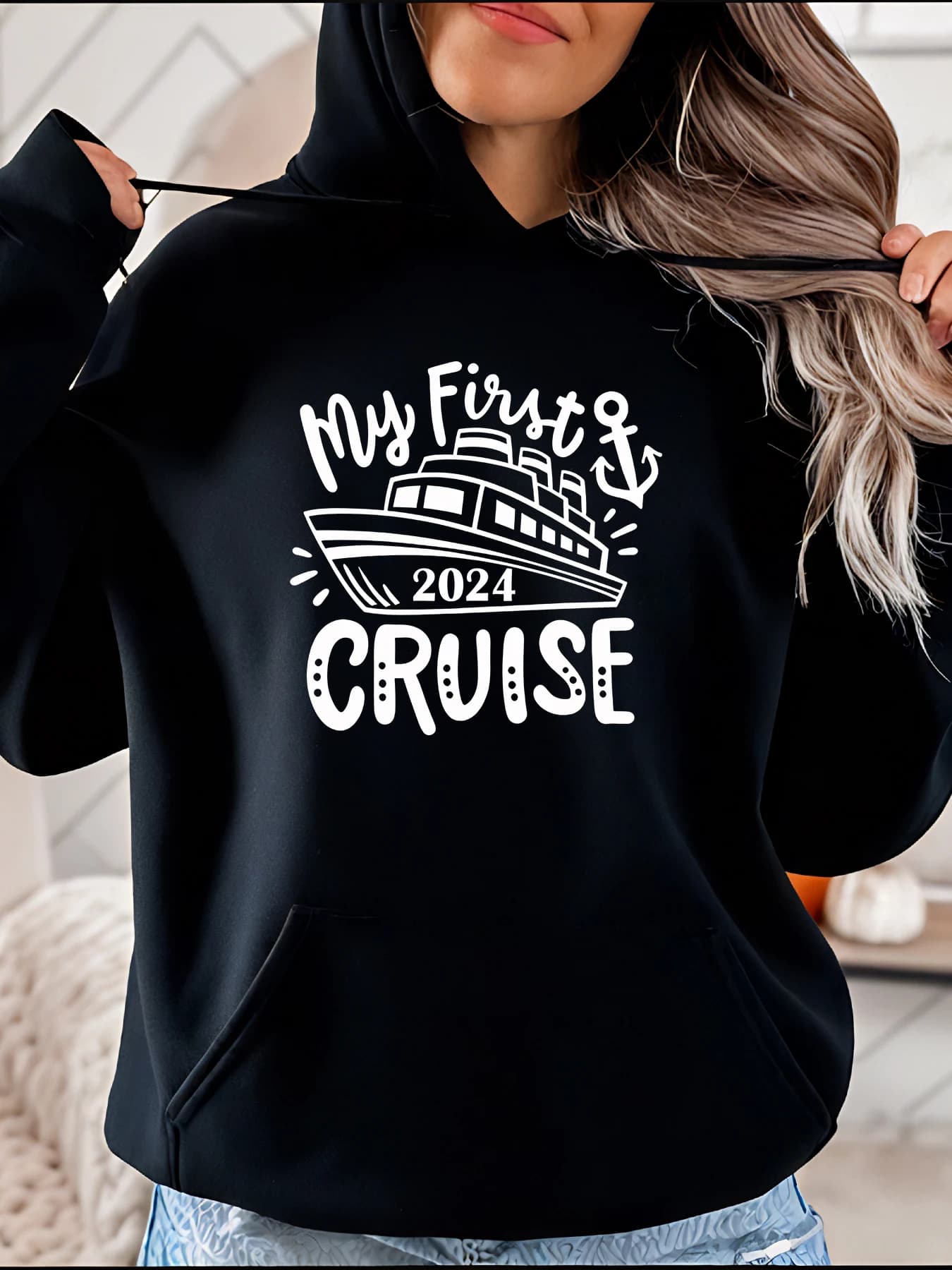 My First Cruise cap sweatshirt 2024 Ship Anchor Print Women's casual sweatshirt Gift travel souvenir for woman