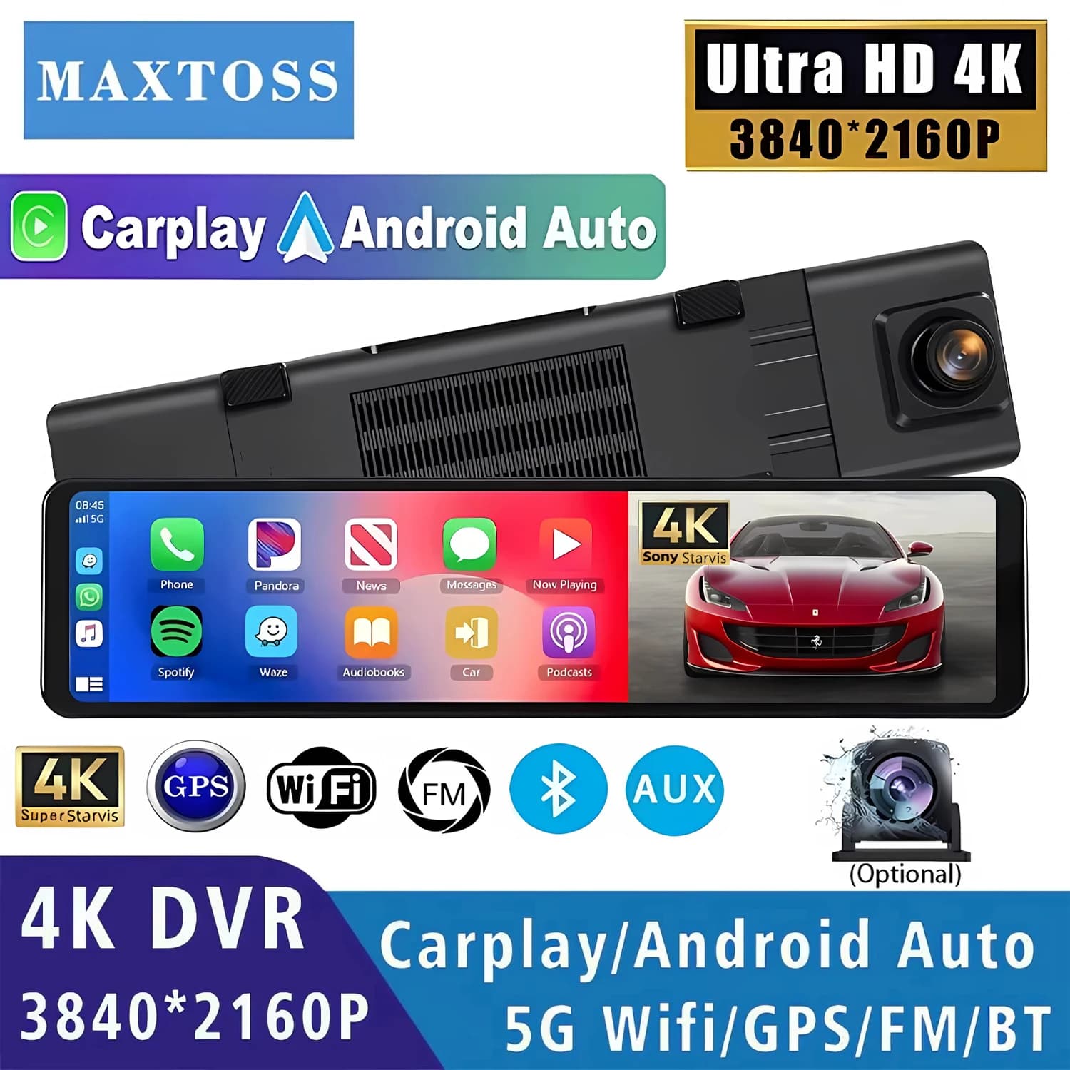 Dash Cam 4K 2160P da 11,26 Pollici con Carplay, Android Auto, Doppia Lente, Wifi, GPS, BT, FM, Registratore Video per Auto, Telecamera a Specchio