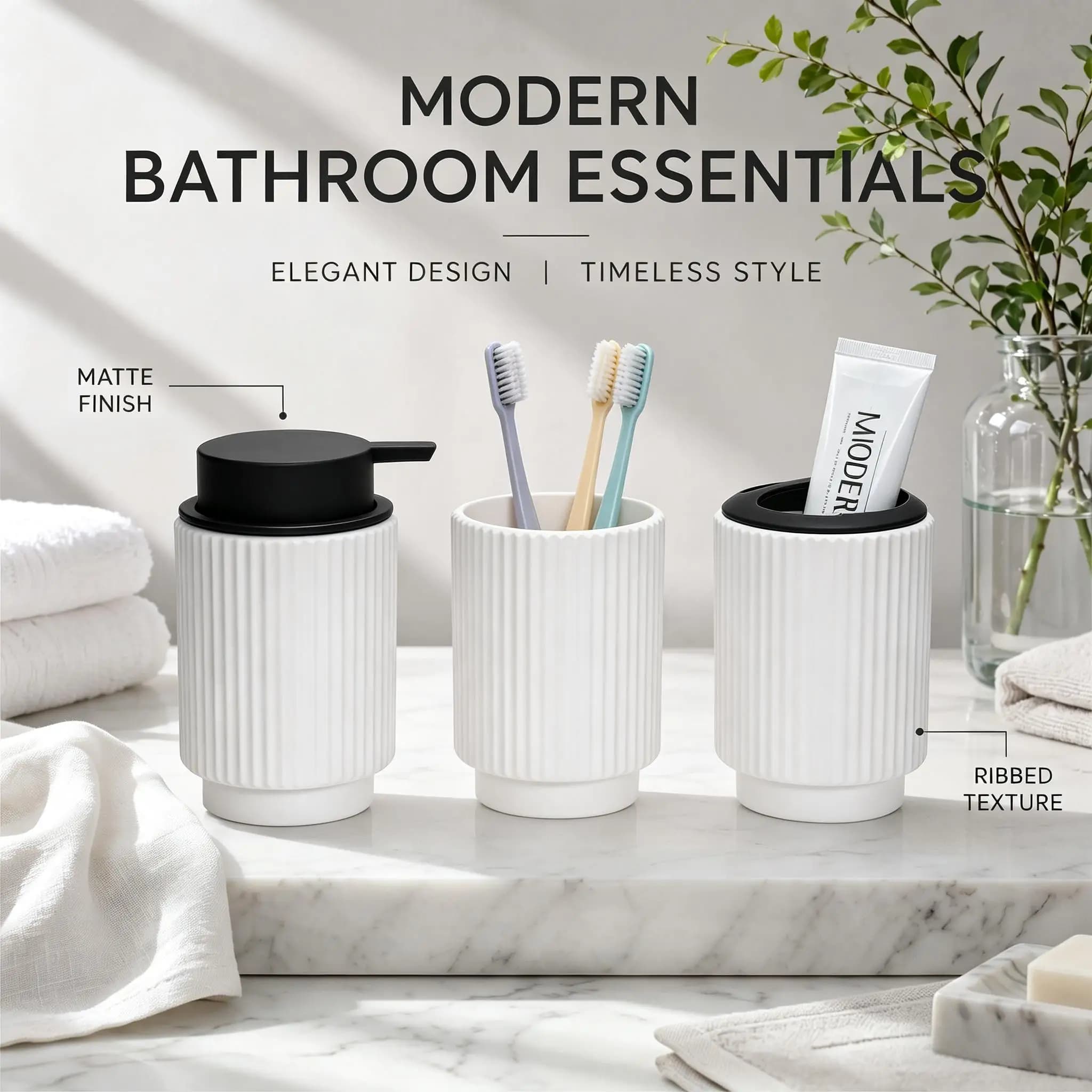 Set 3 Pezzi Contenitori Bagno Plissettati a Fisarmonica in ABS: Dispenser Sapone Liquido, Porta Spazzolino e Bicchiere - Arredo Bagno Moderno