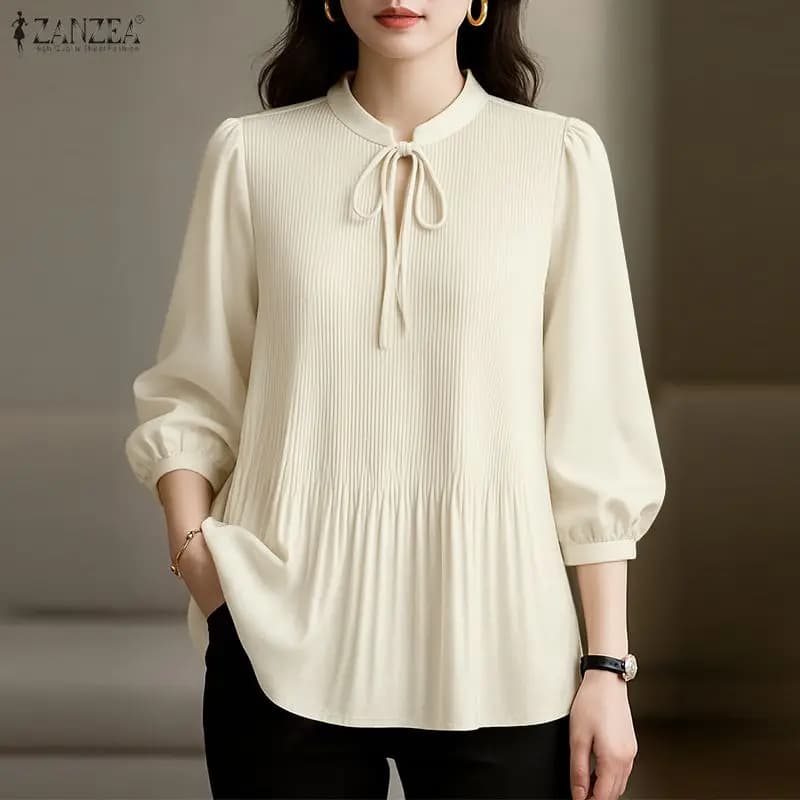 ZANZEA Camicetta Estiva da Donna alla Moda con Maniche a Sbuffo 3/4, Camicie Casual 2026, Top a Tunica Pieghettata Tinta Unita, Eleganti Bluse da Ufficio Femminili
