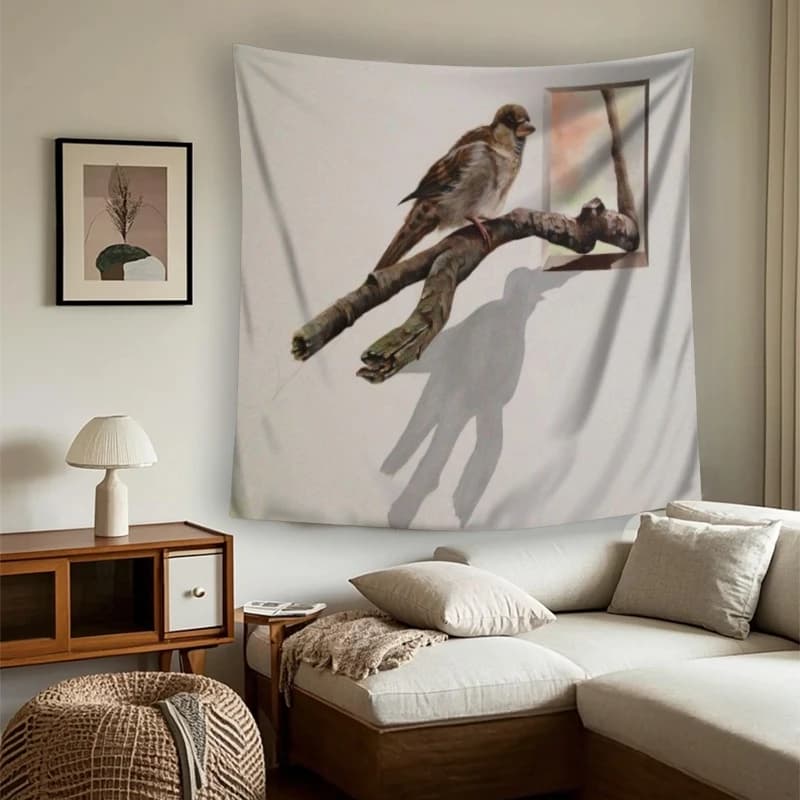 1PC Digital Print Tapestry Wall Hanging, 3D Bird Breaking Wall Window Cracked Art, Realistic Animal Illusion Wall Art Decor