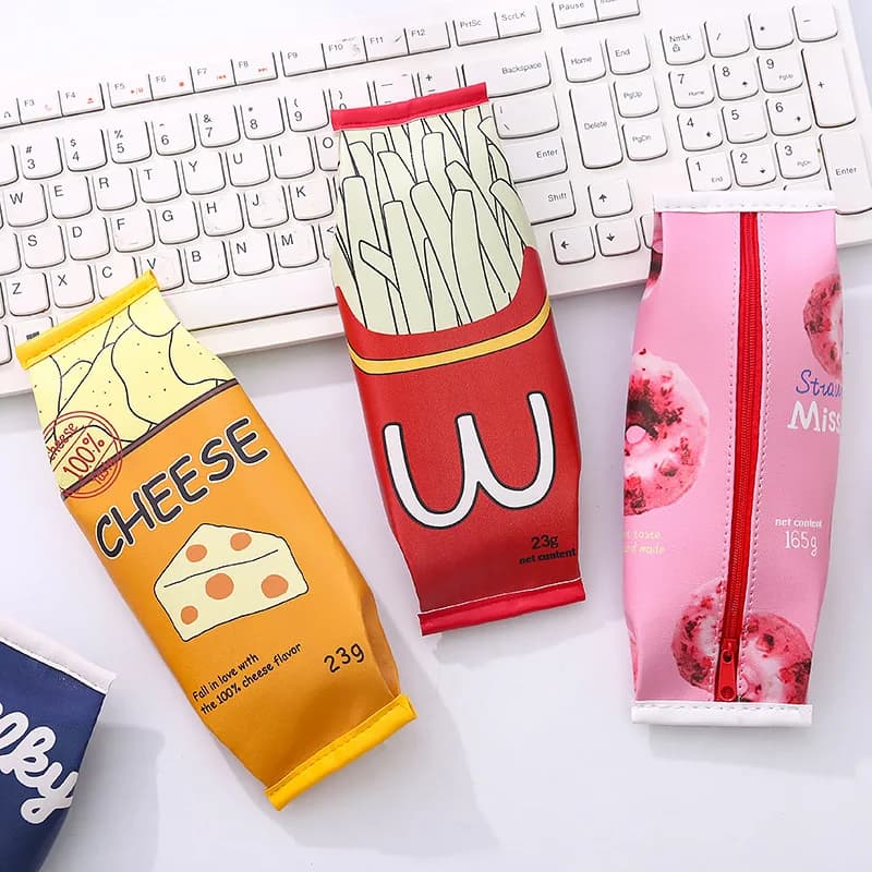 Borsa a matita in pelle PU Snack creativo Popcorn formaggio patatine fritte ciambelle astucci a matita per uova scatola di immagazzinaggio di cancelleria