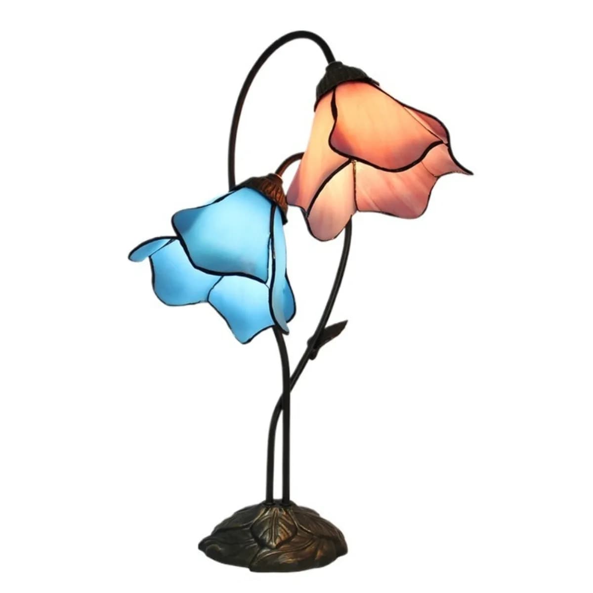 Lampada da Tavolo in Vetro Colorato Stile Tiffany con Doppio Fiore, Paralume in Vetro Curvato da 8 Pollici e Base a Foglia di Ninfea (2 Luci)
