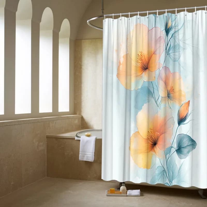 Tenda da doccia acquerello ibisco 1 pezzo - Design floreale pastello, foglie semitrasparenti, poliestere, arredamento sereno
