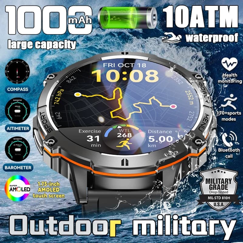 Nuovo Smartwatch Militare 2026 da Uomo, 1000mAh, Impermeabile 10ATM, con Bussola, Altimetro, Barometro e Chiamate Bluetooth