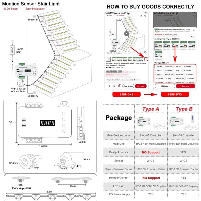 1-40 Steps LED Stair Light Motion Sensor Stairs Lighting With 2 PIR Sensor Staircase Lights COB LED Strip Stair Kit Step