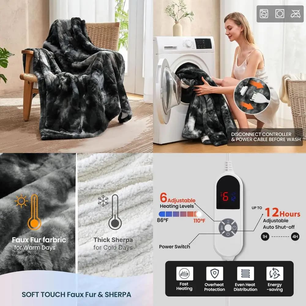 Coperta elettrica di lusso in pelliccia di coniglio sintetica nera di dimensioni doppie, 62x84, 6 livelli di calore, spegnimento automatico di 12 ore