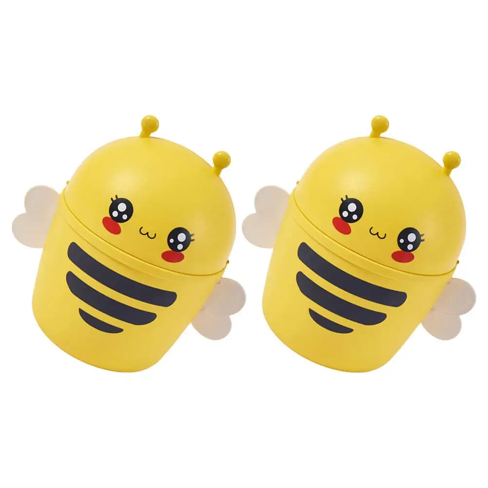 2pcs Mini Trash Can Plastic Cartoon Bee Shaped Countertop Desk Garbage Bin Bathroom Bedroom Office Storage Container
