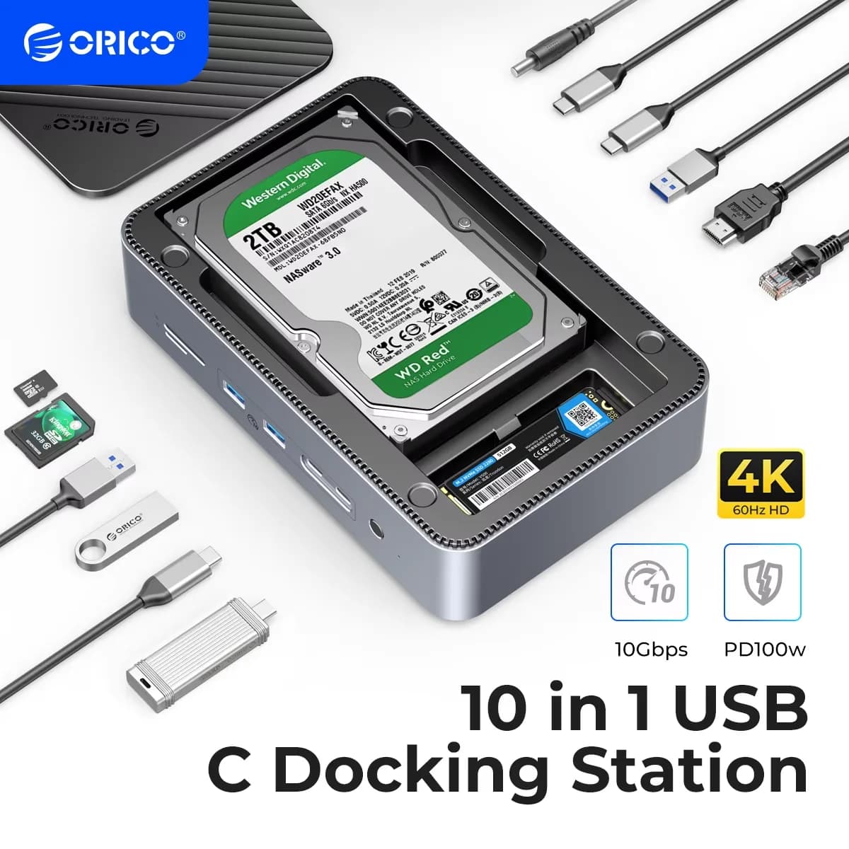 ORICO Docking Station Deck con doppia custodia SSD M.2 NVME Custodia per disco rigido 3.5 Steam Dock 10 in 1 HDMI 4K60Hz PD100W Ethernet