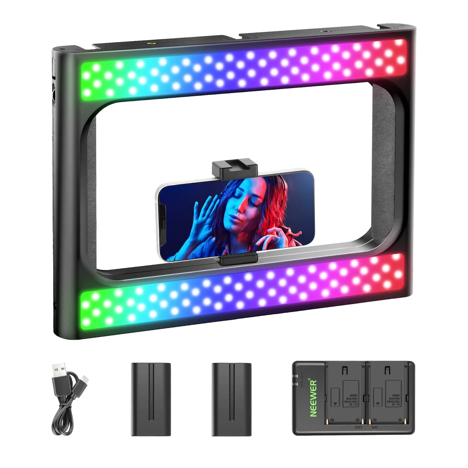 Neewer Luce ad Anello LED RGB per Selfie 360° ° Stabilizzatore Video per Smartphone a Colori Completi con Batteria per la Realizzazione di Video