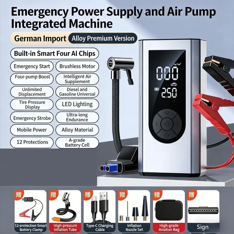 Avviatore d'Emergenza per Auto Multifunzione 39800mAh con Gonfiatore d'Aria, Power Bank e Luce LED