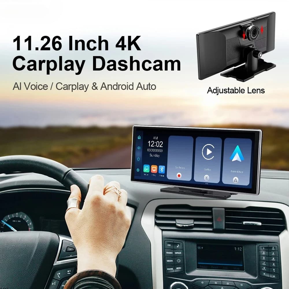Dash Cam 4K da 11,26 pollici con Wireless Carplay, Android Auto, DVR per auto, WiFi 5G, Navigazione GPS, Telecamera posteriore, Doppia lente, Registratore video per cruscotto