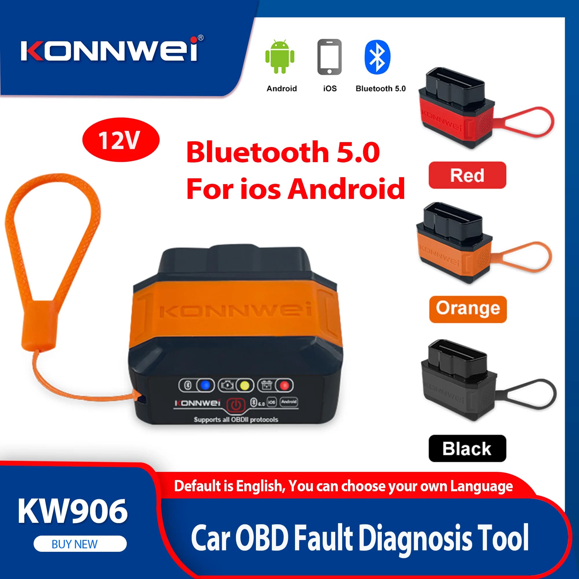 2026 KONNWEI KW906 ELM327 12V Bluetooth 5.0 per iOS Android V1.5 Scanner OBD2 Strumento Diagnostico Auto Lettore Codici pk Vgate iCa2