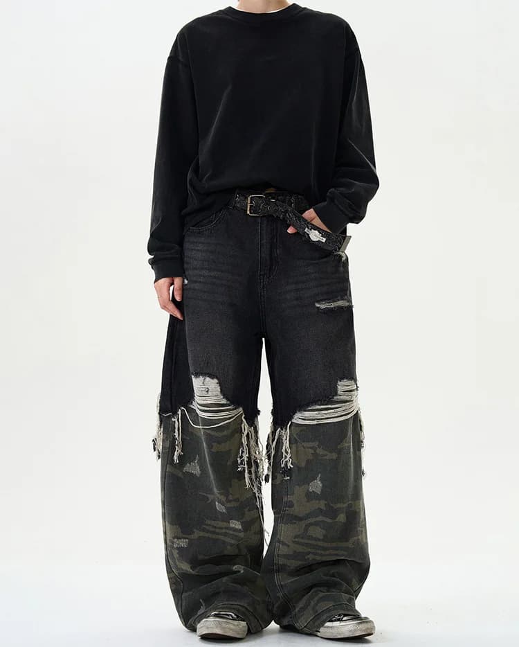 Jeans stile street americano, effetto due pezzi, per uomo e donna, modello ampio e casual, con patchwork mimetico, pantaloni alla moda a gamba dritta.