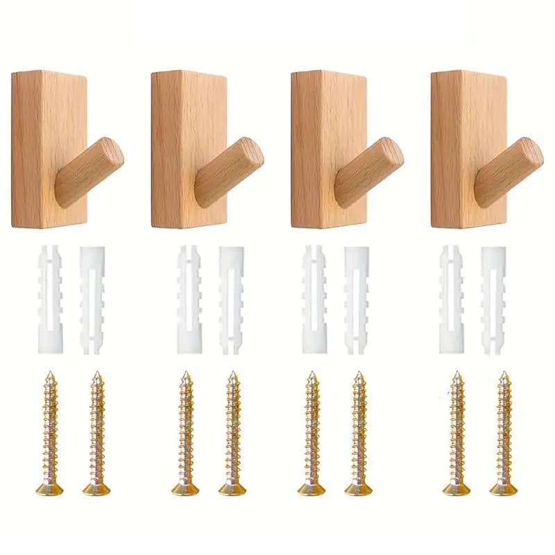 AB42-4Pcs Solid Wooden Hook, Wall Free Punching Door Back Hook,Entryway Hook, Changing Room Clothes, Coat Room Wooden Hook