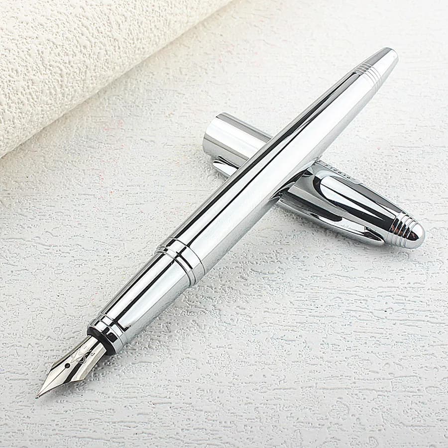 Metal Stainless Steel Fountain Pen Fine Nib 0.5mm Bright Silver Excellent Writing Gift Ink Pen for Business Office Home