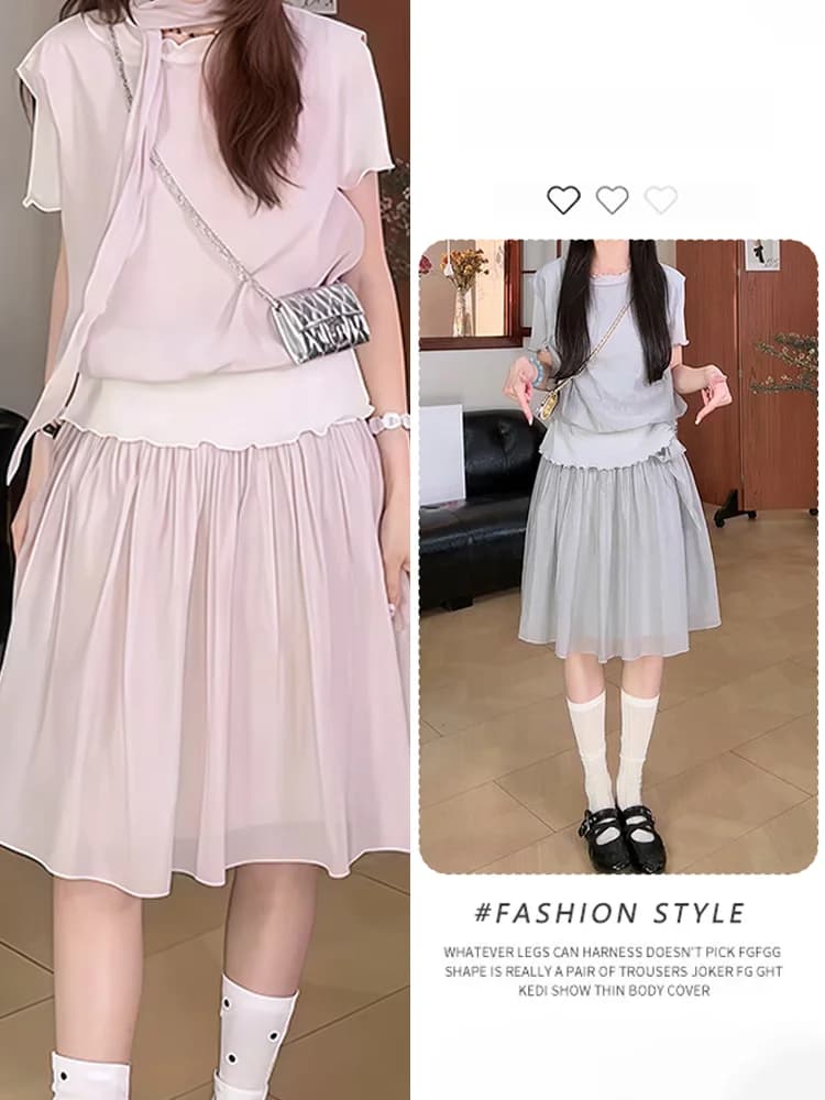 Pastel Pink Gentle Style Women's Fashion Set Short Sleeve Top Half-length Skirt Two-piece Set Casual Comfortable Breathable