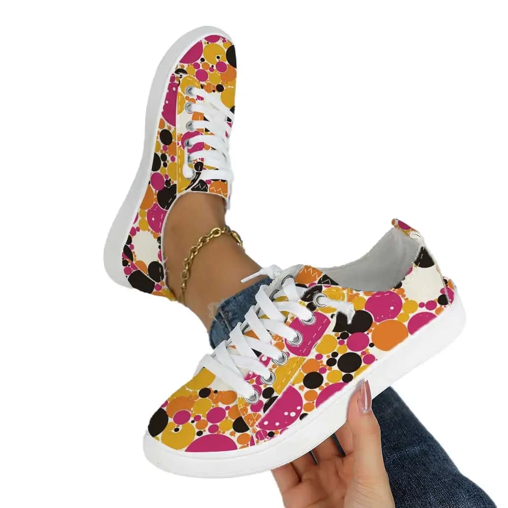 Scarpe in tela stampate a pois colorati per donna, sneakers casual versatili con lacci bassi, scarpe basse traspiranti
