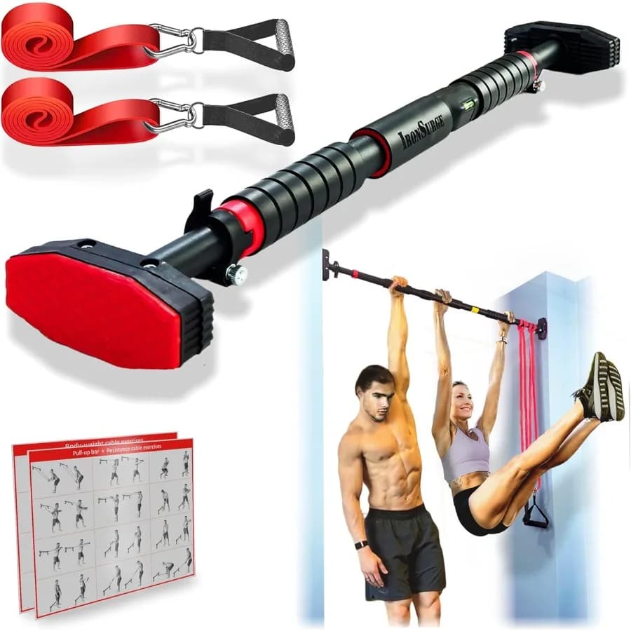 Traction bar for corridor or door Set of 6 pieces with two connecting resistance bands Handles Training Manuals Without screws Chin Up B