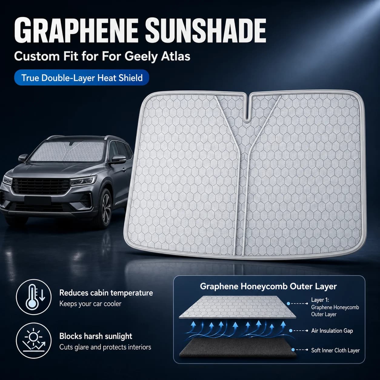 For Geely Atlas Graphene Windshield Sunshade Custom Fit Car Sunshade UV Sun Protection Car Accessories