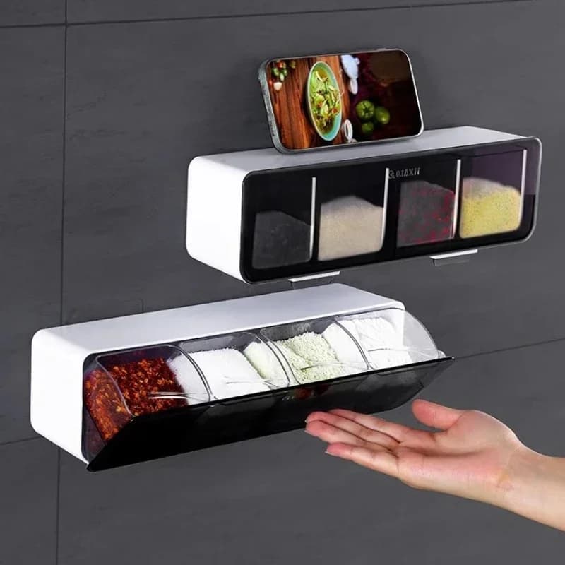 Scatola per condimenti a parete a 4 griglie, contenitore per cucina domestica, set combinato di contenitori per spezie, sale e zucchero