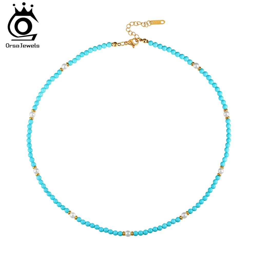 ORSA JEWELS Bohemian 18K Fashion Neck Chain Jewelry Stainless Steel Green Turquoise Beads Necklace with Natural Pearls STMN06