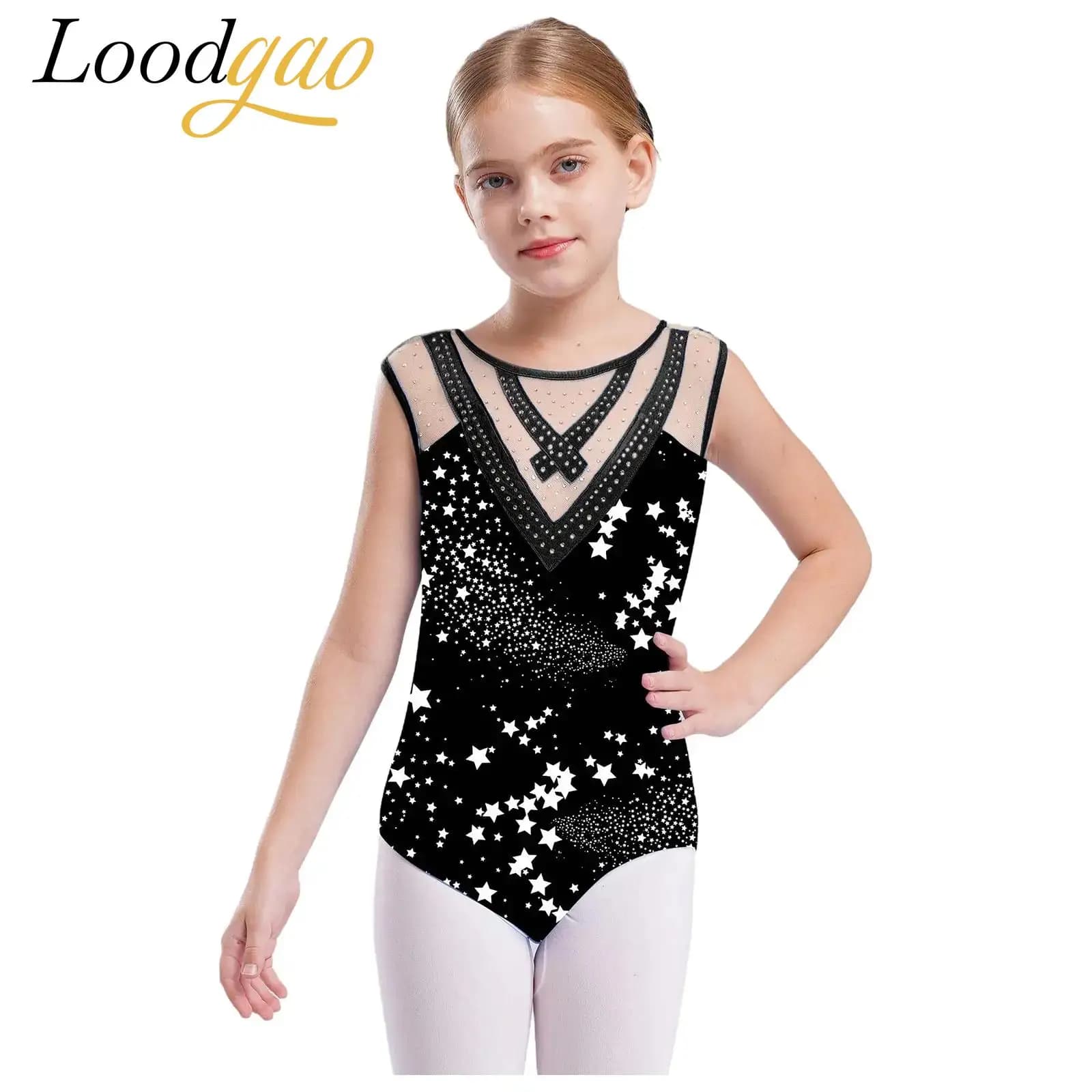 Body da ballo per ragazze Vestito da balletto Strass lucidi Stampa Body da ginnastica Tuta da pattinaggio su ghiaccio per bambini Set di abbigliamento da ballo metallizzato