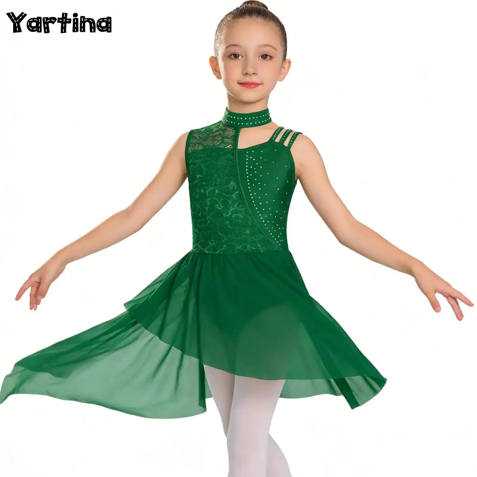 Costume da balletto per bambina con strass lucidi, body in jersey, ginnastica, pattinaggio artistico di figura, danza lirica