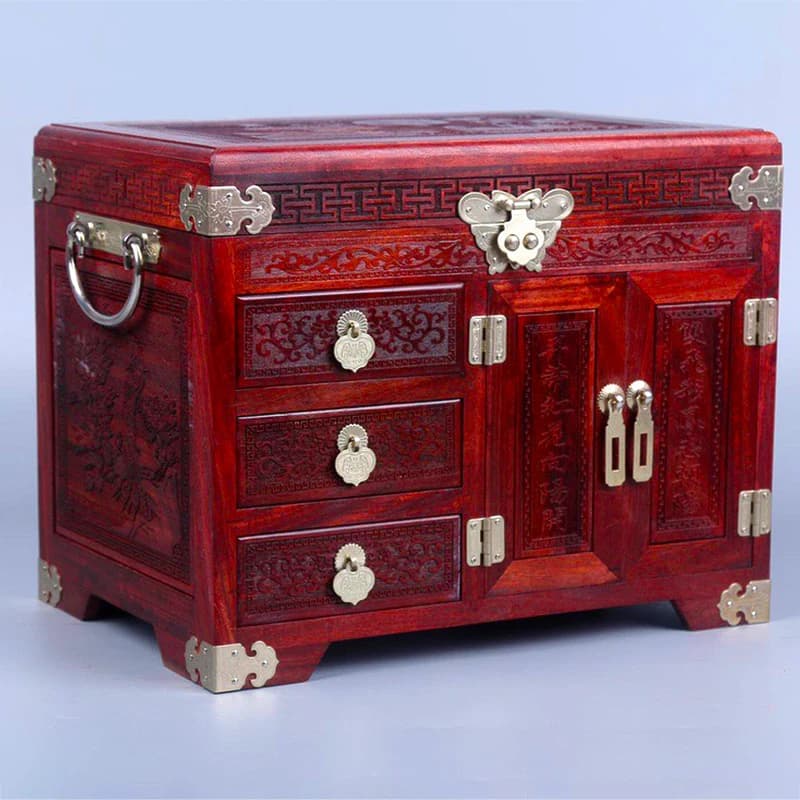Scatola per gioielli da sposa intagliata in legno di sandalo rosso con piccola foglia in stile cinese. Scatola per gioielli con scatola di immagazzinaggio per accessori per piccole mani