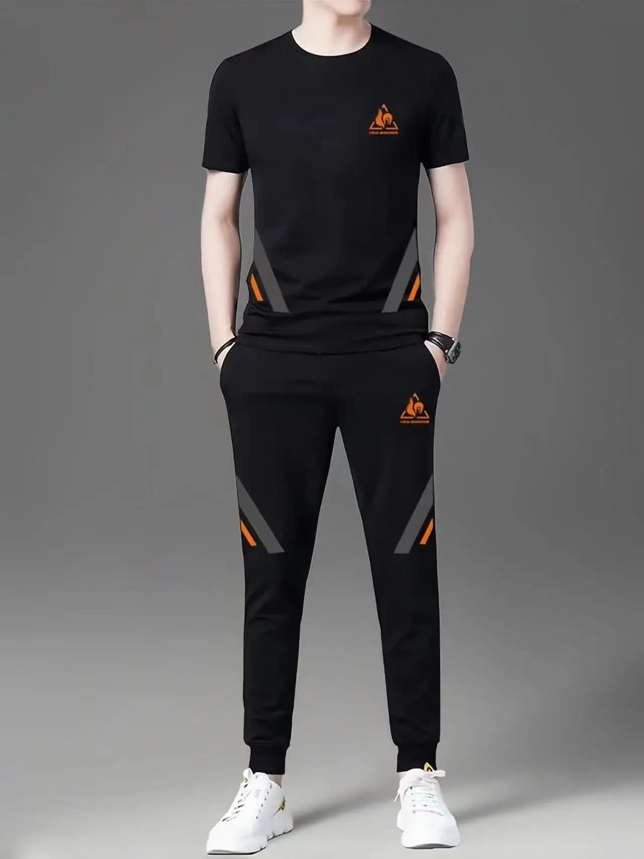 Ice Silk Quick Dry Summer Men's Sportswear Fashionable Casual Thin Short Sleeve Long Pants Two-Piece Set Polyester Fiber T-Shirt